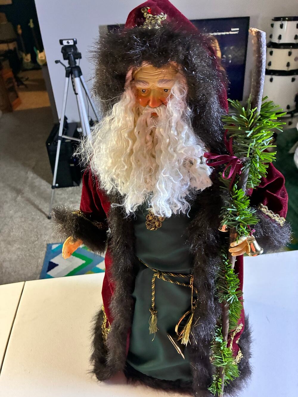 24" Old World Father Christmas Santa Burgundy Velvet Fur Trim Staff Figurine